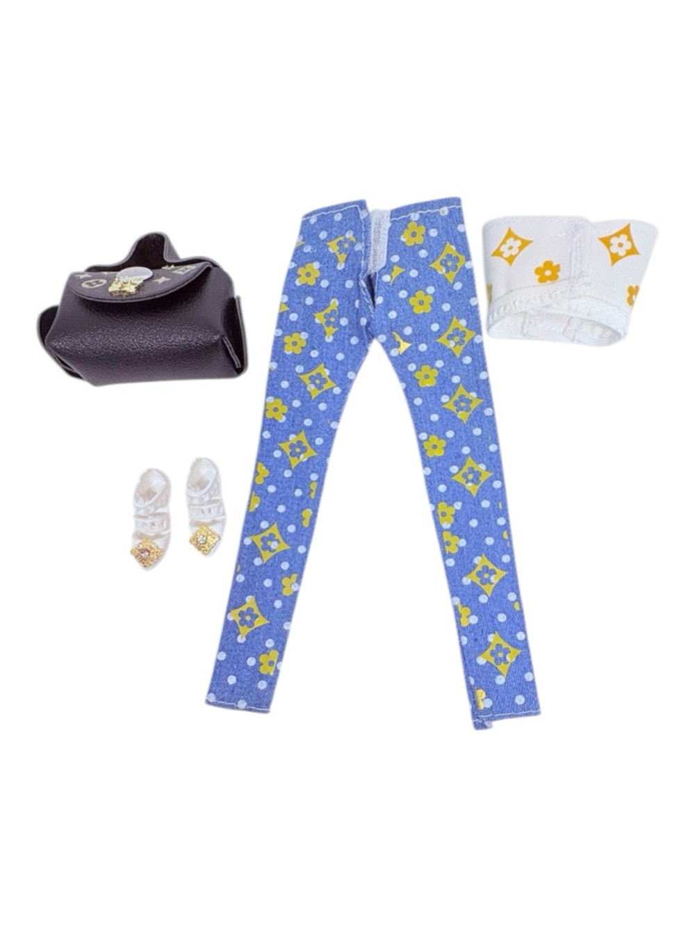 Fashion doll  Blue Floral Print Pants & White Crop Top Set - Picture 5 of 7